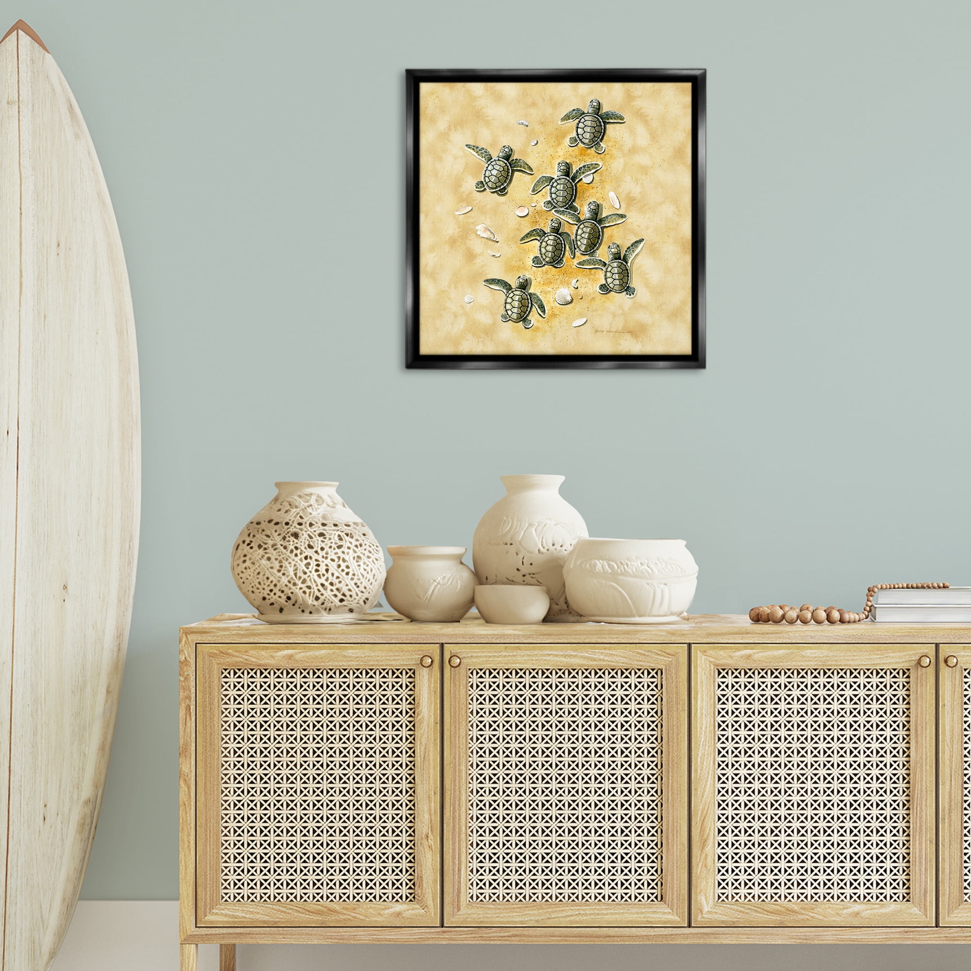 Stupell Industries Baby Sea Turtles Shore Animals Painting Black Floater Framed Canvas Art Print Wall Art, 25 x 25