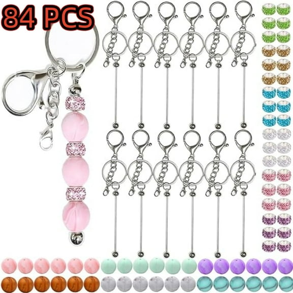 84Pcs Beadable Keychains Set,Keychains Bulk for keychain making Accessories with beadable keychain bar Silicone Beads Spacer Beads