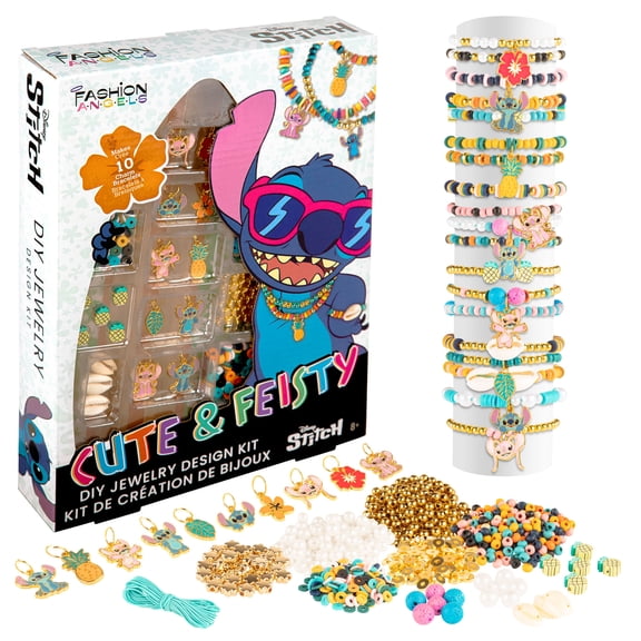 Fashion Angels: Disney Stitch: Cute & Feisty - DIY Jewelry Design Kit, Craft & Make 10 Colorful Charm Bracelets, Pineapple-Shell-Lava Beads, Kids 8 