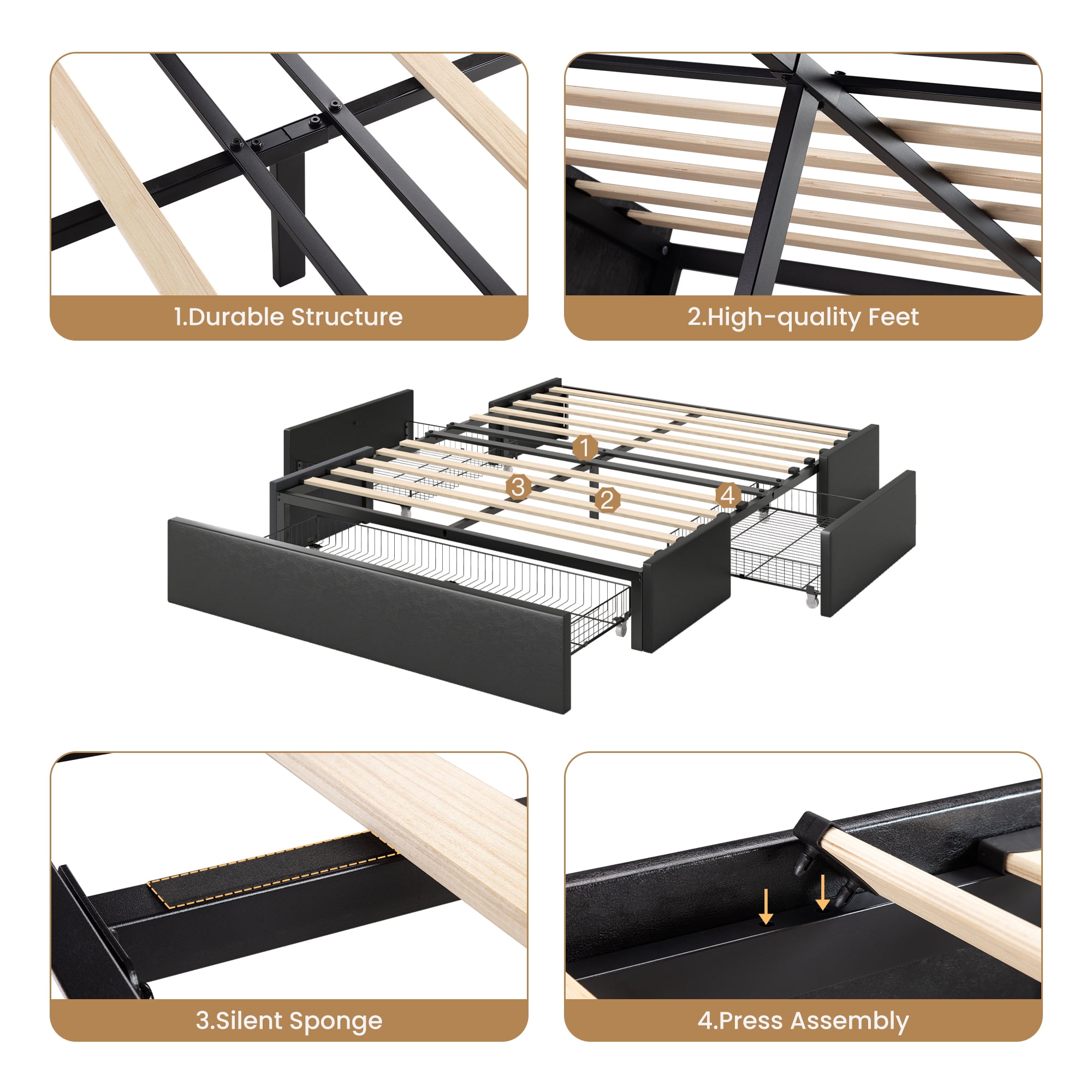 SHA CERLIN Black Queen Size Platform Faux Leather Bed Frame with 3 Storage Drawers,Adult