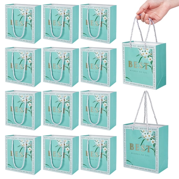 24 Pcs Gift Bags with Handles 2.8x5.5x5.9inch Kraft Paper Gift Bags with Best Wishes To You Words Party Favor Bags Reusable Turquoise