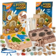 JOYIN 2Pcs Fossil and Precious Stone Hunt Kits with Eye Protection,12 Real Gemstone, 12 Real Fossils, dinosaur saur Toys, Geographic Educational Toys, STEM Science Kits