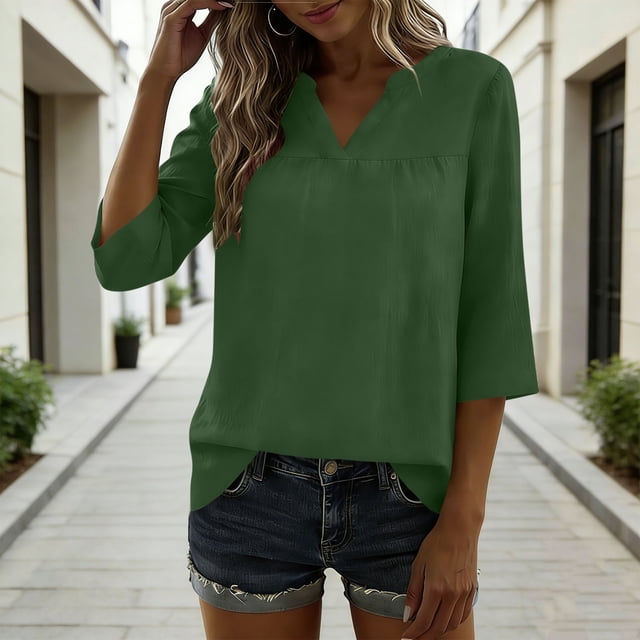 TaTaai Women's Loose Fit Blouse V-Neck 3/4 Sleeve Linen Cotton Blend Solid Color Casual Fashion Summer Office Top Gift