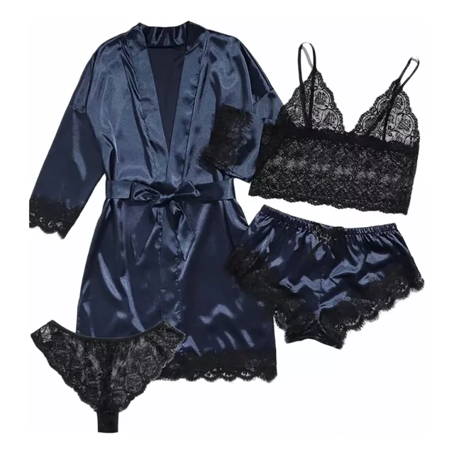 Conjunto De Pijama De 4 Piezas Para Mujer Con Ribete De Enca