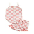 thumbnail image 1 of Infant Baby Girl Summer Clothes Set Checkerboard Plaid Floral Print Sleeveless Romper+Ruffle Shorts Outfit, 1 of 9