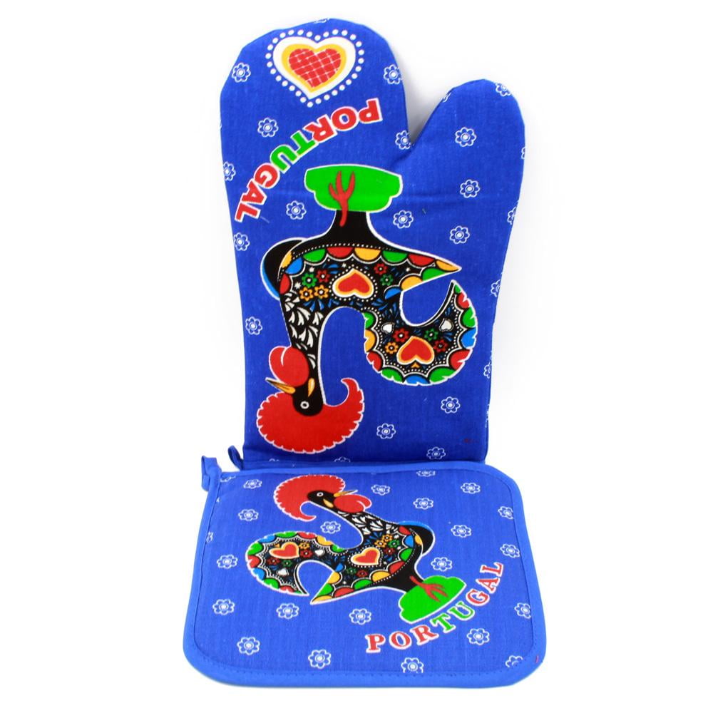 100 Cotton Oven Mitt and Pot Holder Set With Portuguese Rooster Design