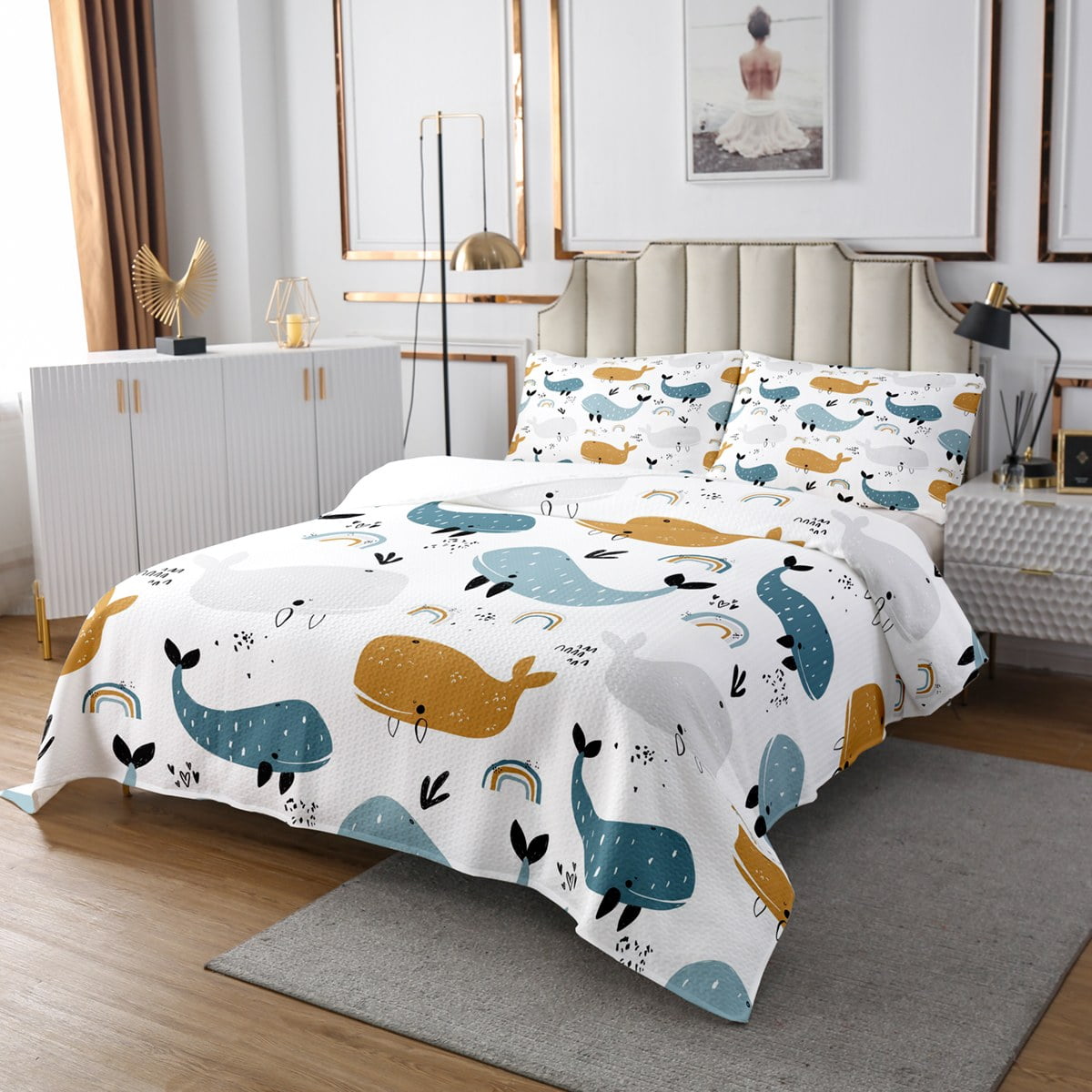 Fish Quilt Set Twin, Ocean Life Bedding for Kids Child Boys, Hand Drawn  Cartoon Fish Bedspread Set, Fishing And Hunting Coverlet Set, Sea Animals  Bed Set with 1 Pillow Case, Blue White 