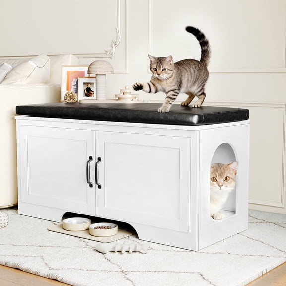 Hidden Cat Litter Box Enclosure Furniture,39” Multi-Functional Hidden Washroom with Removable Divider White