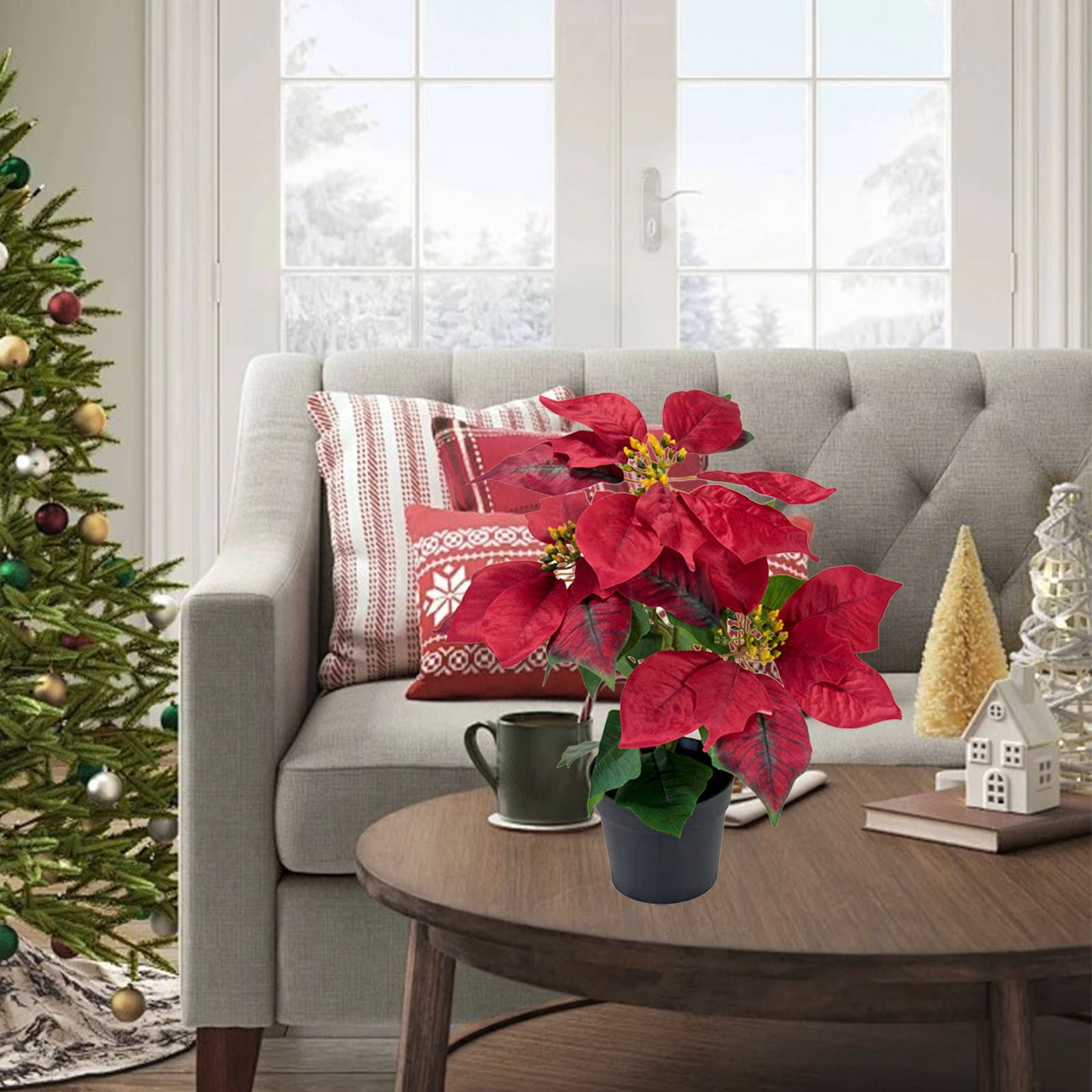 Mini Poinsettias Artificial Plants with Pot, 12.6" Faux Small Christmas Flowers in Pot for Home Office Tabletop Indoor Christmas Decorations