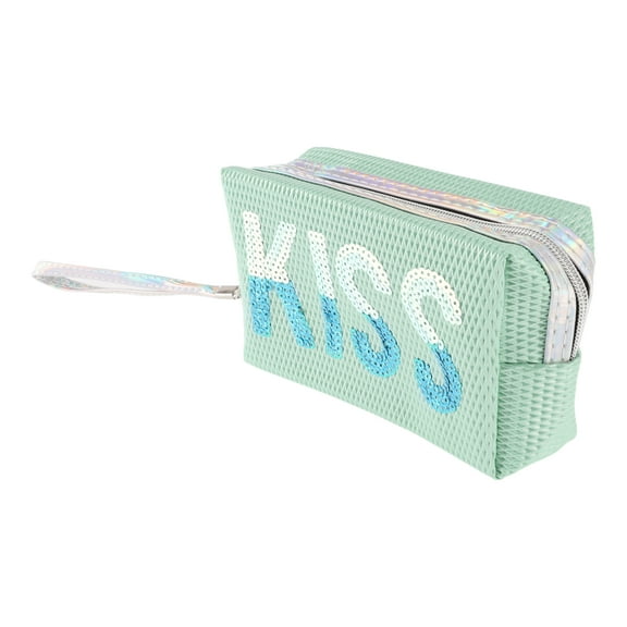 Unique Bargains 1 Pc Women Portable Grid KISS Makeup Bag for Travel Vacation Camping Gym Blue PU