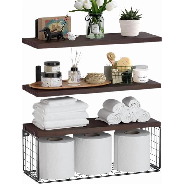 HAWOO Repisas Flotantes, 3PCS Repisas para Baño con Cesta de Alambre, Recamara, Cocina, Sala, Fáciles de Instalar, 40x15.2 CM (Marrón),Marrón