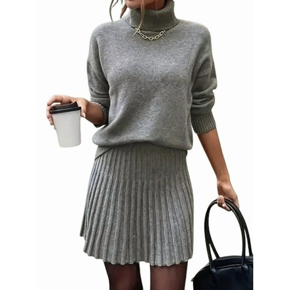 Womens Sweater Skirt Sets 2 Piece Outfits Ribbed Knit Mock Neck Sweater Pullovers A Line Mini Skirt Set Gray L