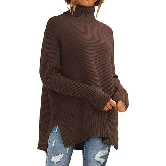 Women'S Oversized Loose Sweater Autumn Batwing Sleeve Ribbed Tunic Sweater Coffee S