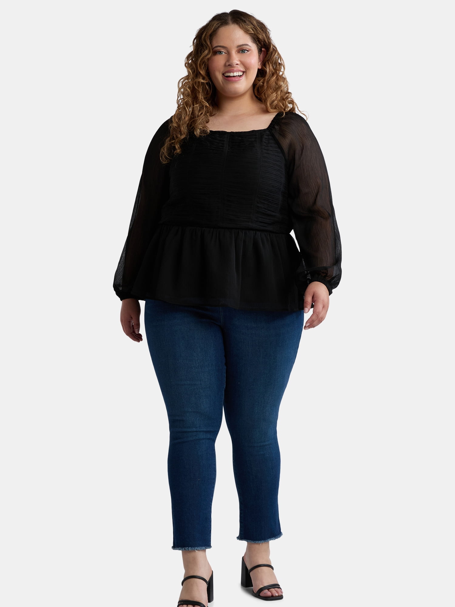Terra & Sky Women's Plus Size Long Sleeve Babydoll Top, Sizes 0X-5X