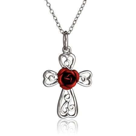 Sterling Silver Wide Ribbon Filigree - SilverLuxe Womens Sterling Silver Filigree Cross Pendant with Red Rose Necklace 18