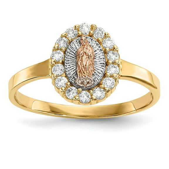 Real 14kt Two-tone With White Rhodium CZ Lady of Guadalupe Ring Size: 7; for Adults and Teens; for Women and Men