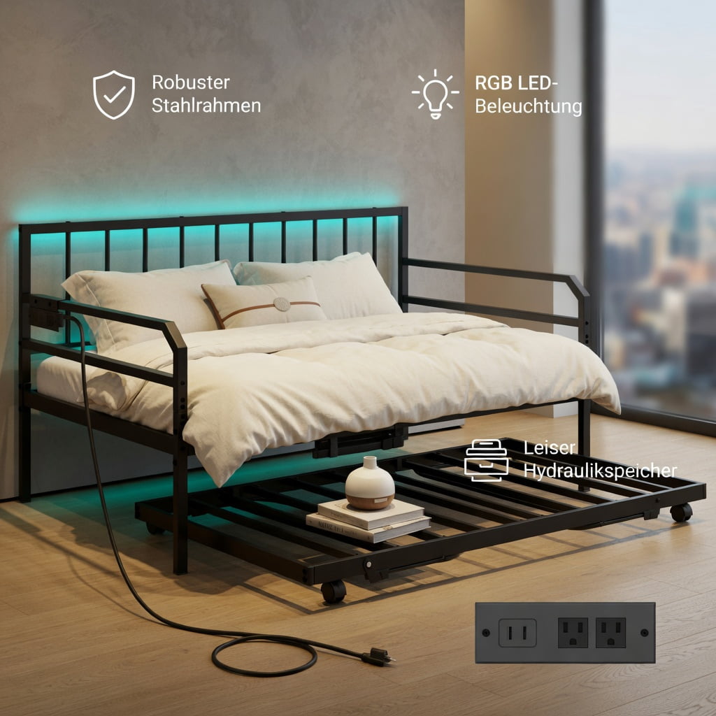 Barara King Bedroom Bed Frame, Bed Platform Frame,Adjustable Metal Twin Size Daybed with Charging Station and LED Light-Black