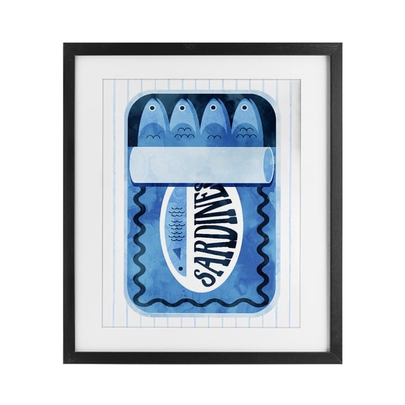 Blue Sardine Tin Over Stripes Black Framed Print Under Glass, design by Daphne Polselli