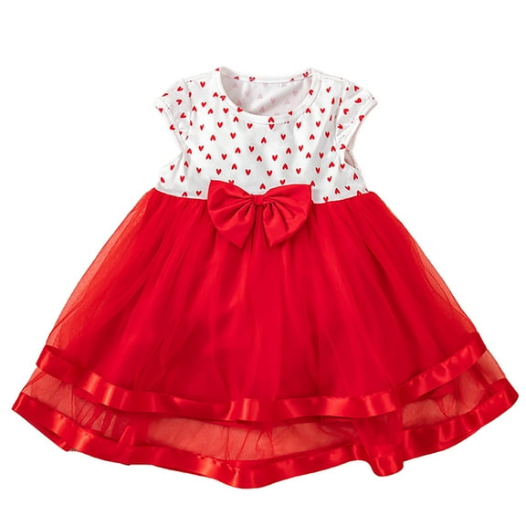 KAUOD Baby Girls Dress Little Heart Print Top Spliced Tutu Skirt Valentine's Day Love Bow Decoration Mesh Dresses