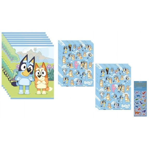 Bluey Birthday Party Supplies Favor Bundle Pack includes 8 Plastic Loot Bags, 8 Bluey Sticker Sheets with 184 Stickers and 1 Dinosaur Sticker Sheet