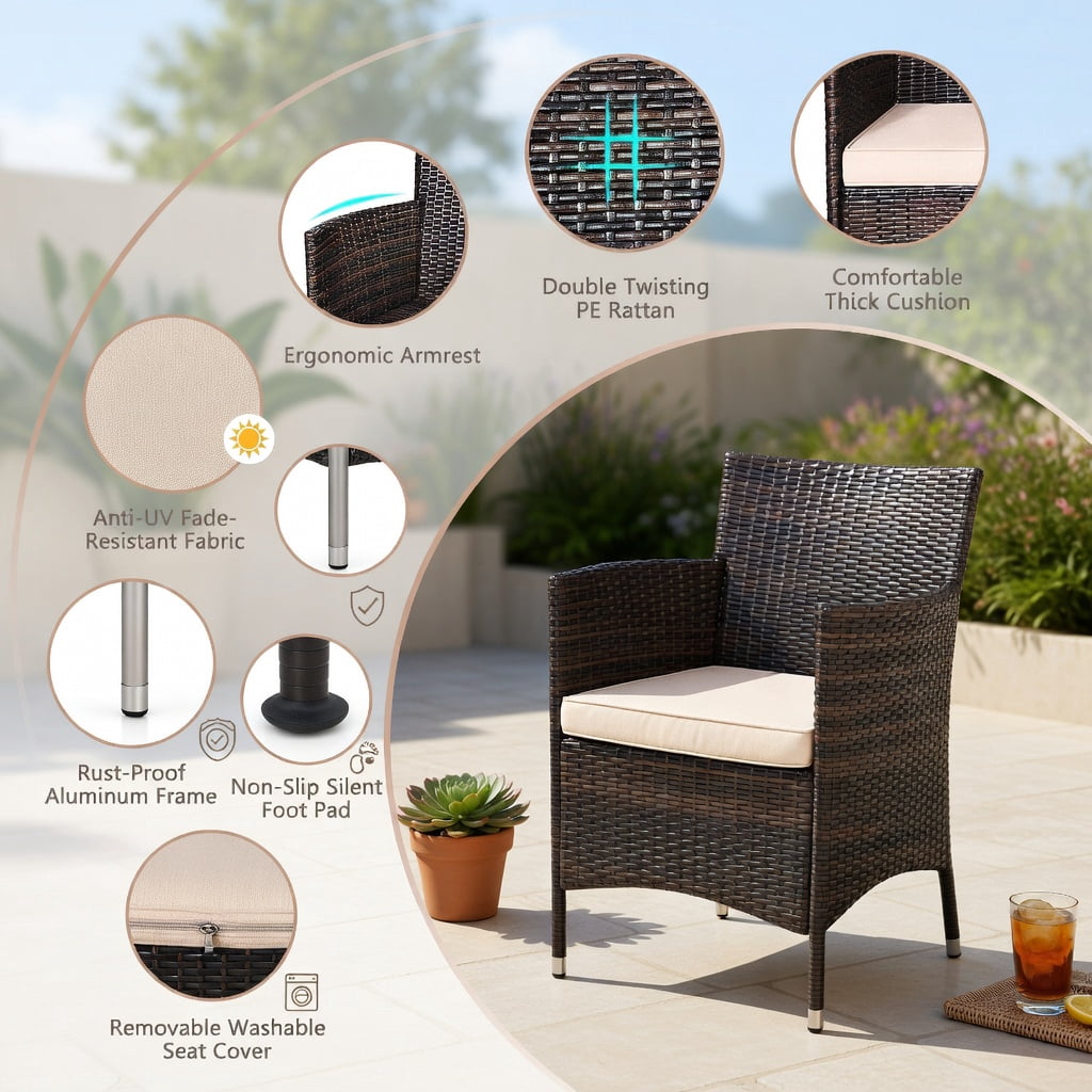 Hommoo 3-Piece Outdoor Wicker Furniture Set, PE Rattan Chairs with Cushions + Tempered Glass Coffee Table for Patio, Garden & Backyard, Brown