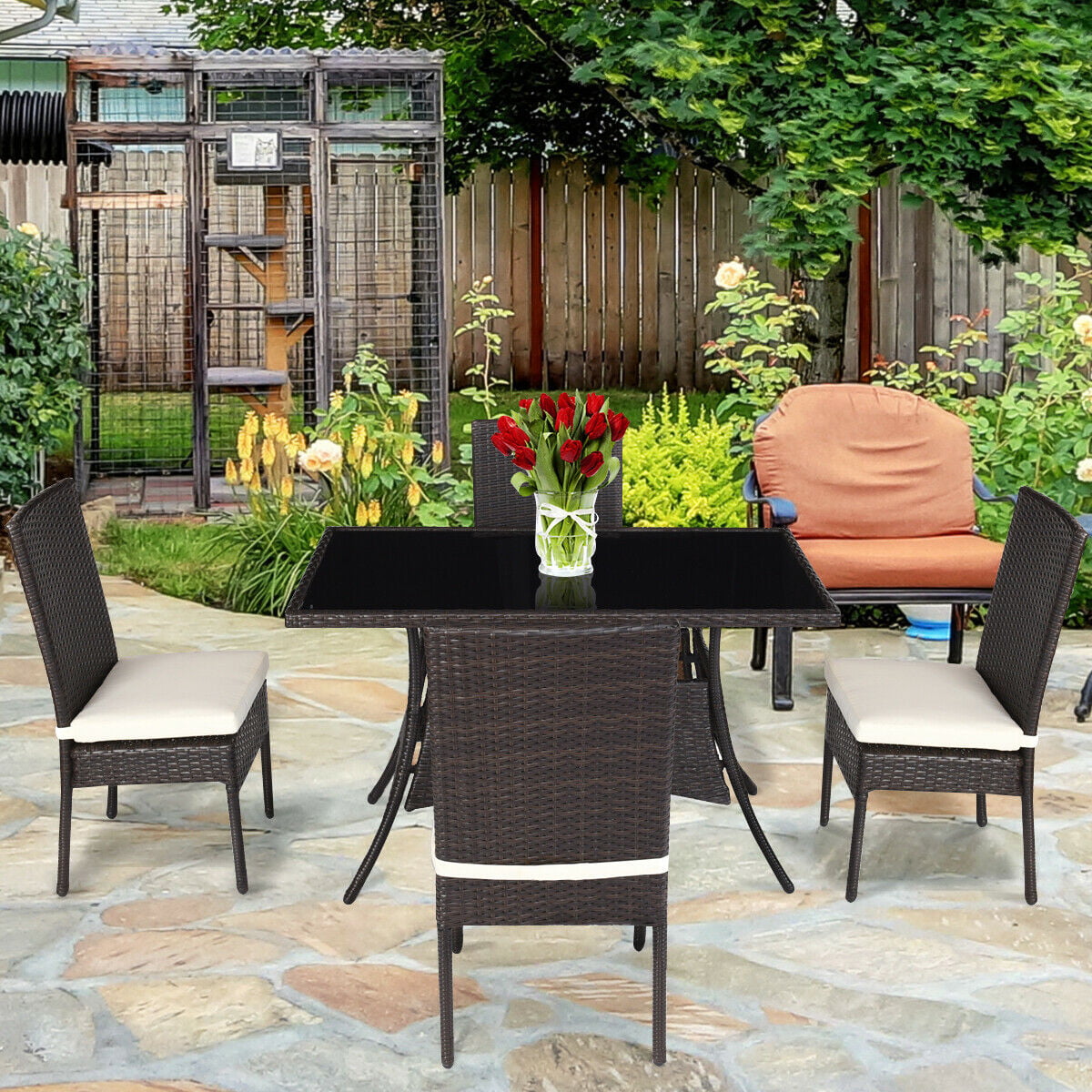 Rattan Wicker Brown 5 Piece Outdoor Patio Table and Chairs Dining Furniture Set 