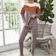 thumbnail image 2 of Top de cuello redondo, pantalones, ropa de descanso, 2 piezas, Color de contraste, manga larga, lazo en la cintura, ropa de dormir de punto informal para mujer, 2 of 6