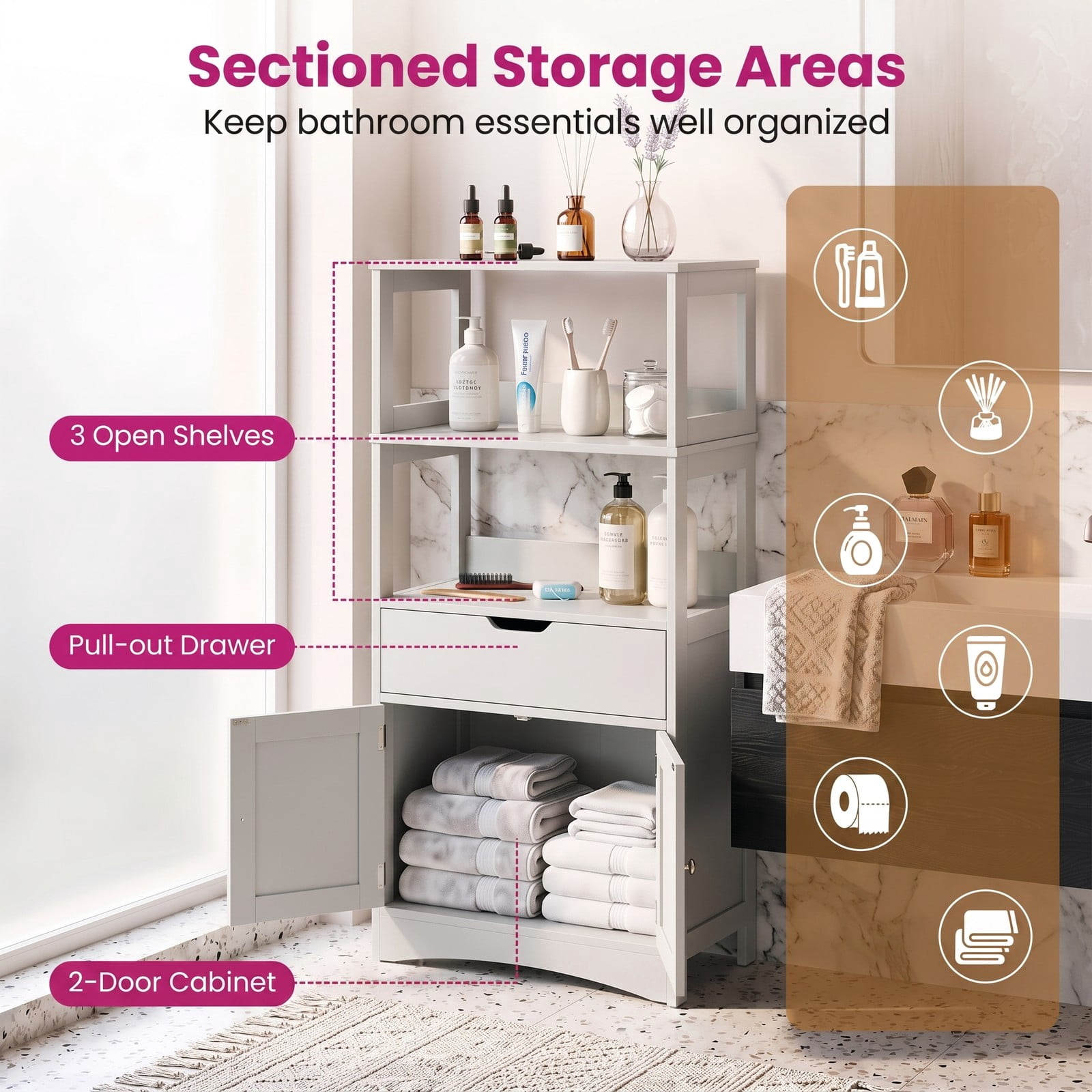 ALPULON Bathroom Storage Cabinet with Drawer and Shelf, Freestanding Floor Organizer, Waterproof MDF Cabinet for Bathroom Bedroom Entryway Living Room, Anti-Tip, Gray