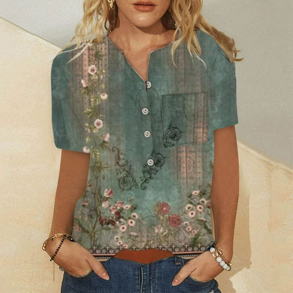 Fesfesfes Womens Workout Tops Women Summer Casual Short Sleeve T-Shirt Button Round Neck Pullover Blouse Tops Women Clothing L(US:8)