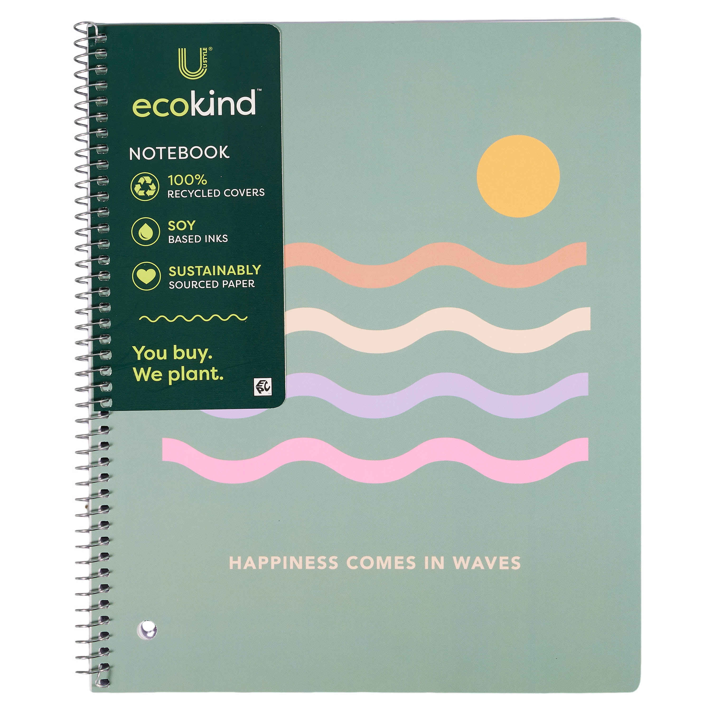 Ecokind by U Style Happiness Wave 1 Subject Notebook, 8.5" x 10.5", 80 Sheets, College Rule