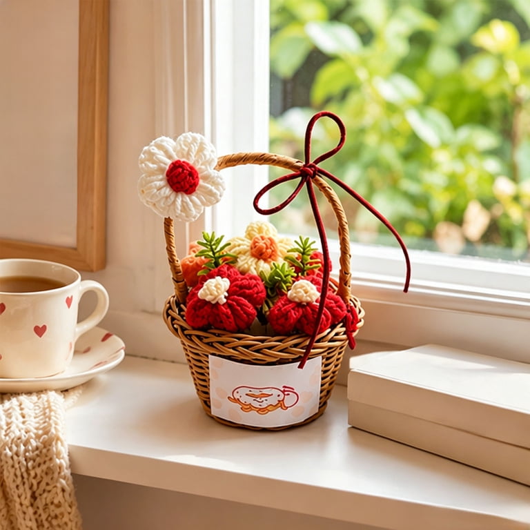 Dvumao Handmade Crochet Flower Basket, Knit Flower Bouquet in