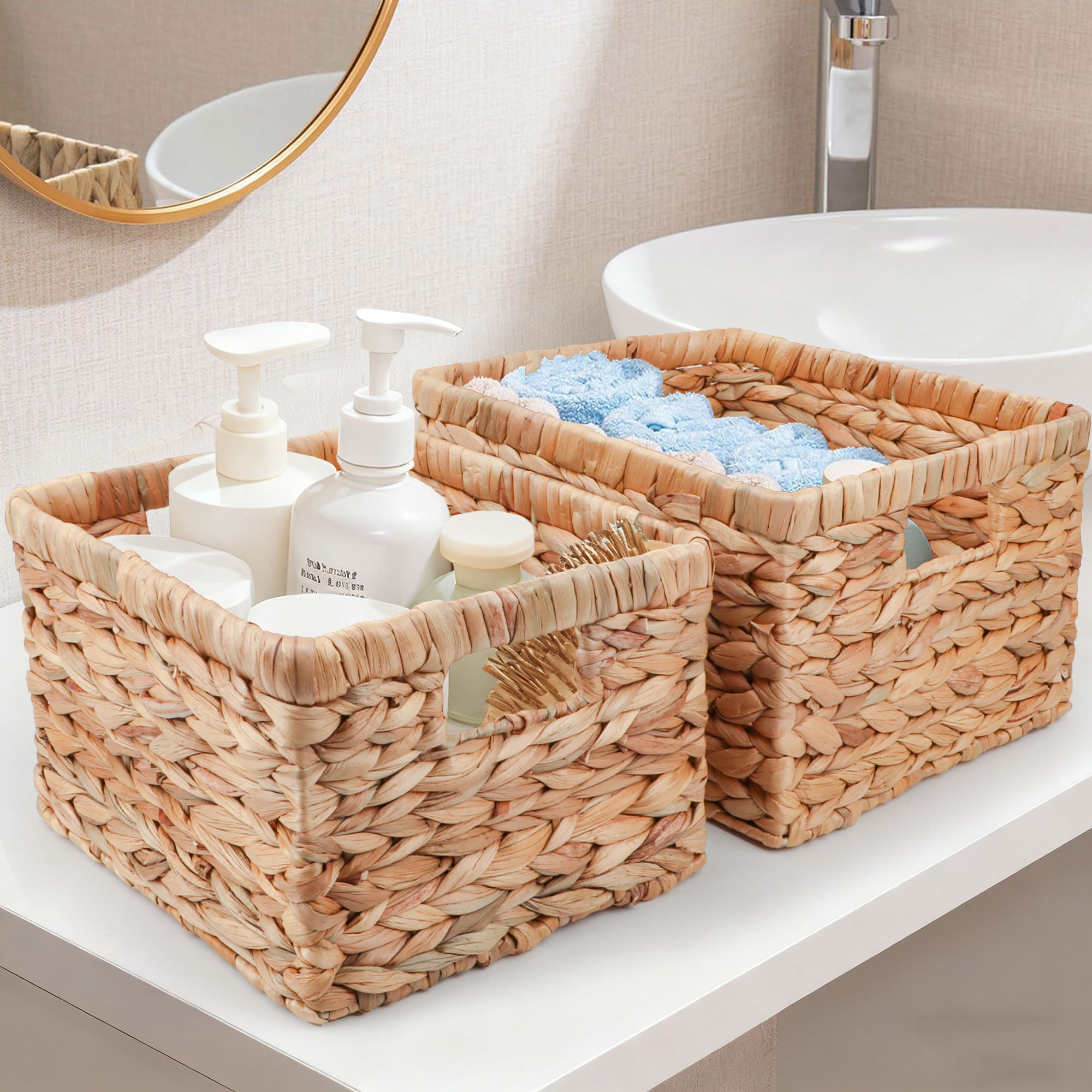 Hengbo 2pcs Handmade Water Gourd Storage Baskets with Handles - Large Rectangular Woven Baskets for Toilet Tank Tops, Home Miscellaneous Storage
