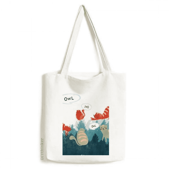 Cat Talking Owl Protect Animal Pet Lover Tote Canvas Bag Shopping Satchel Casual Handbag