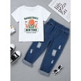 thumbnail image 3 of CARETOO Boy Summer Kids Clothes Short Sleeve T-Shirt Ripped Jeans Denim Pants Outfits 2Pcs Set 4-7T, 3 of 14
