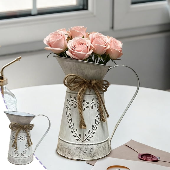 Galvanized Metal Pitcher Vase, Vintage Watering Can Flower Holder with Rustic Finish for Home Table, Mantel, Farmhouse Kitchen, Living Room, Wedding Centerpiece, and Seasonal Decor