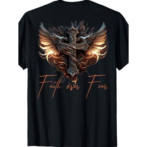 Biker Angel Wings Cross Faith Over Fear - On Back T-Shirt, All-Season, 2025