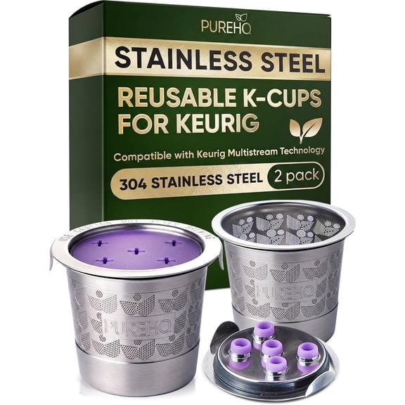 Reusable K Cups for Keurig - Stainless Steel Refillable K Cup for Keurig K Supreme, K-Duo Gen 2 and K Slim Coffee Makers, Metal Reusable Kcups by PureHQ - Multistream Coffee Pods Filter (2 Pack)