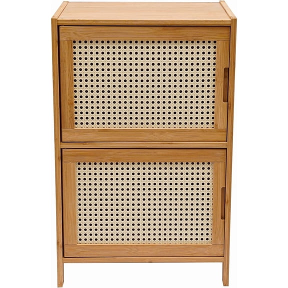 2-Tier Bamboo Nightstand Mid Century Modern Beside Table with 2 Drawers Small End Table for Bedroom Living Room Office 16.9x12.6x26.8in (Light Brown)