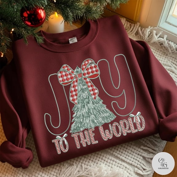 Joy to the world applique embroidery Sweatshirt, coquette tree embroidery Shirt, Holiday embroidery Tshirt, gifts for christmas