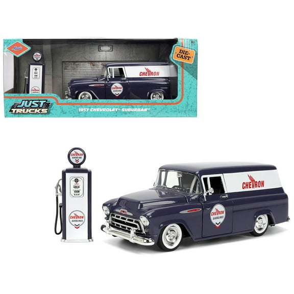 1957 Chevrolet Suburban "Chevron" Dark Blue with White Stripes and Chevron Gas Pump "Just Trucks" Series 1/24 Diecast Model Car by Jada