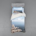 thumbnail image 1 of Mountain Duvet Cover Set, Misty Mountain Aerial Landscape Photo with Sakura Cherry Blossoms Scenery, Bedding Set with Shams and Fitted Sheet, 3 Sizes, by Ambesonne, 1 of 3
