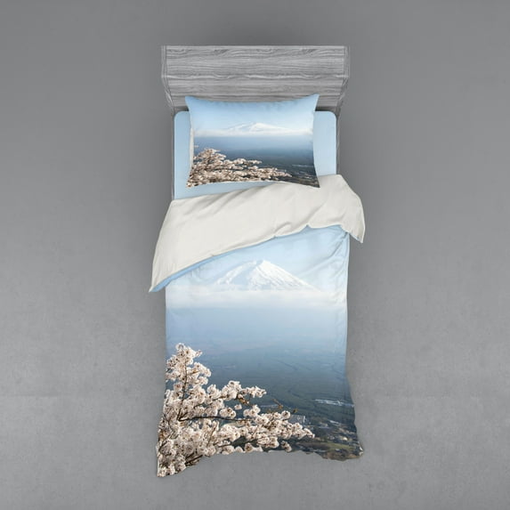Mountain Duvet Cover Set, Misty Mountain Aerial Landscape Photo with Sakura Cherry Blossoms Scenery, Bedding Set with Shams and Fitted Sheet, 3 Sizes, by Ambesonne