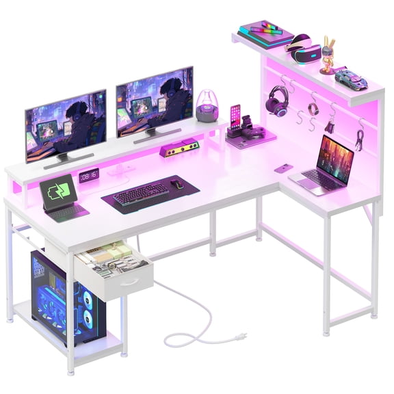 Romorgniz L-Shaped Computer Desk with Power Outlets & LED Lights, Gaming Desk with Drawer for Home Office, Black