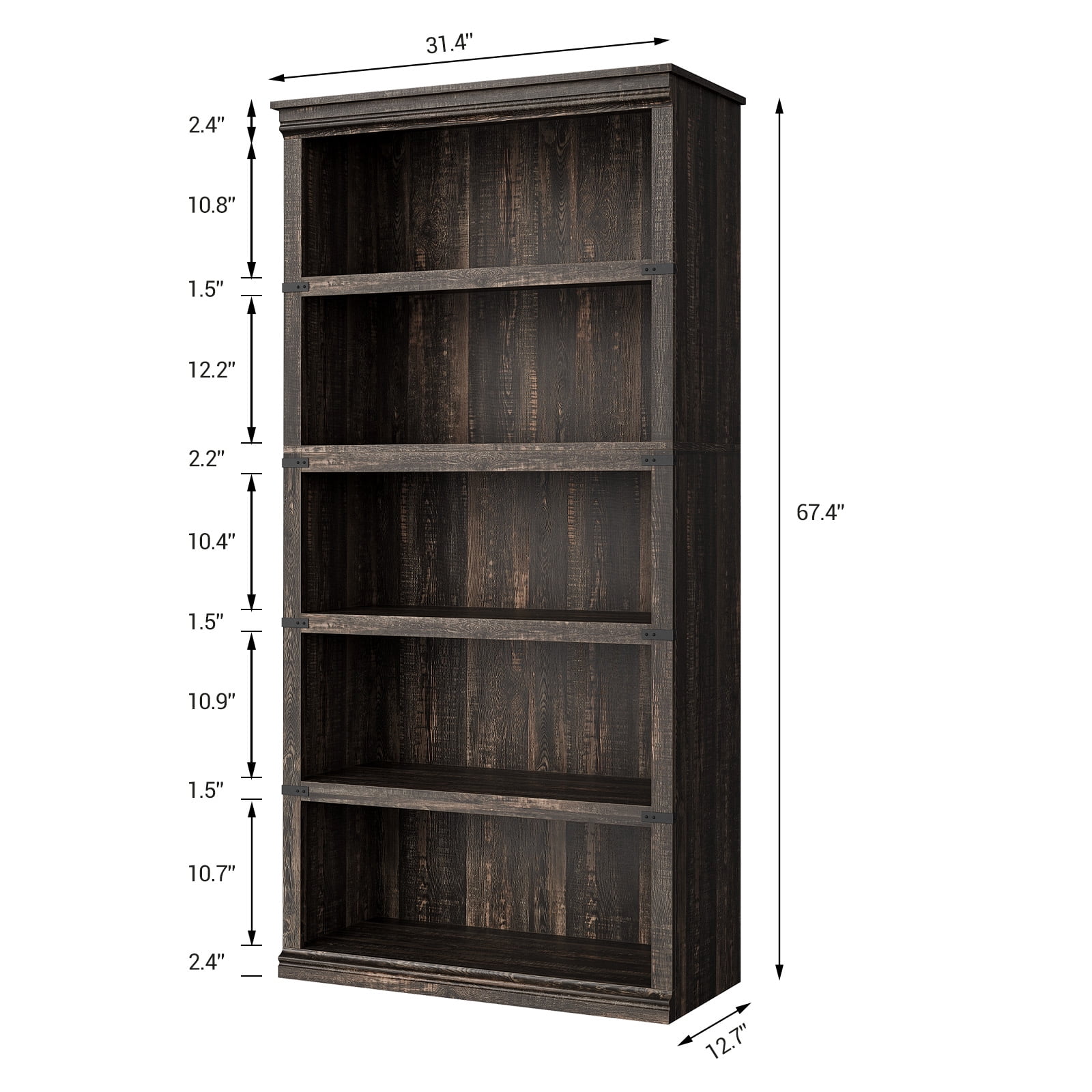 Goldensoil 67" Tall 5 Shelf Wood Bookcase, Farmhouse Floor Standing Display Storage Shelves,Dark Oak