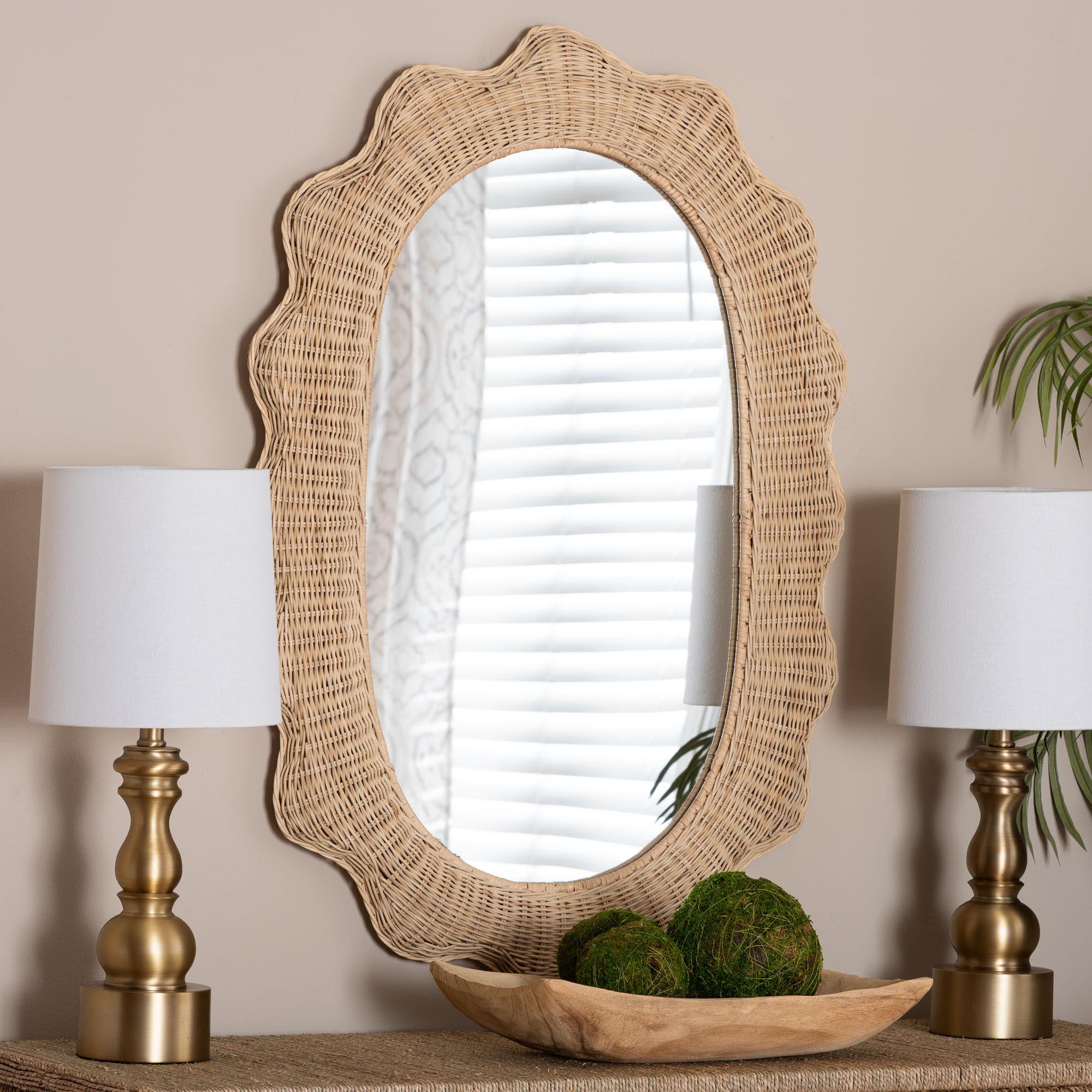 bali & pari Hasana Boho Wall Mirror, Handwoven Scallop Natural