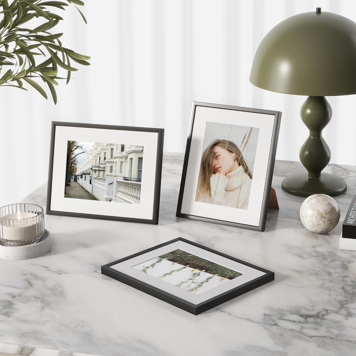 8x10 Picture Frame Set Of 3 – Aluminum Frames With 5x7 Mat & Plexiglass, Wall Or Tabletop