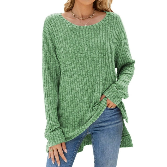 GigrtiJin Women's Knit Ribbed Sweaters Blouses Long Sleeve Round-Neck Side Slit Shirts Solid Color Casual Basic Tops