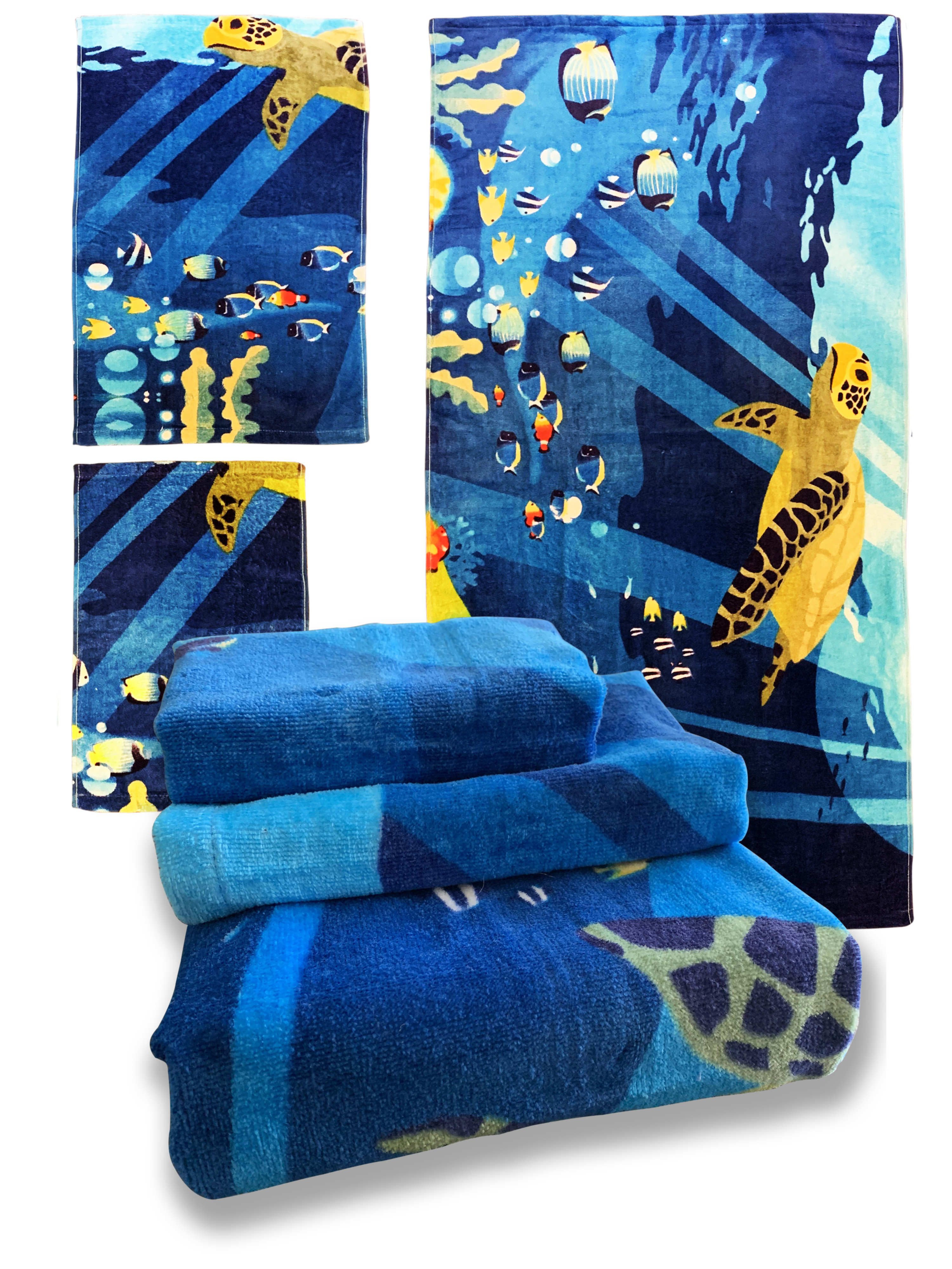 100 Cotton Soft 3Piece Pattern Quick Dry Swim Towel Beach Towel Set, Sea Turle