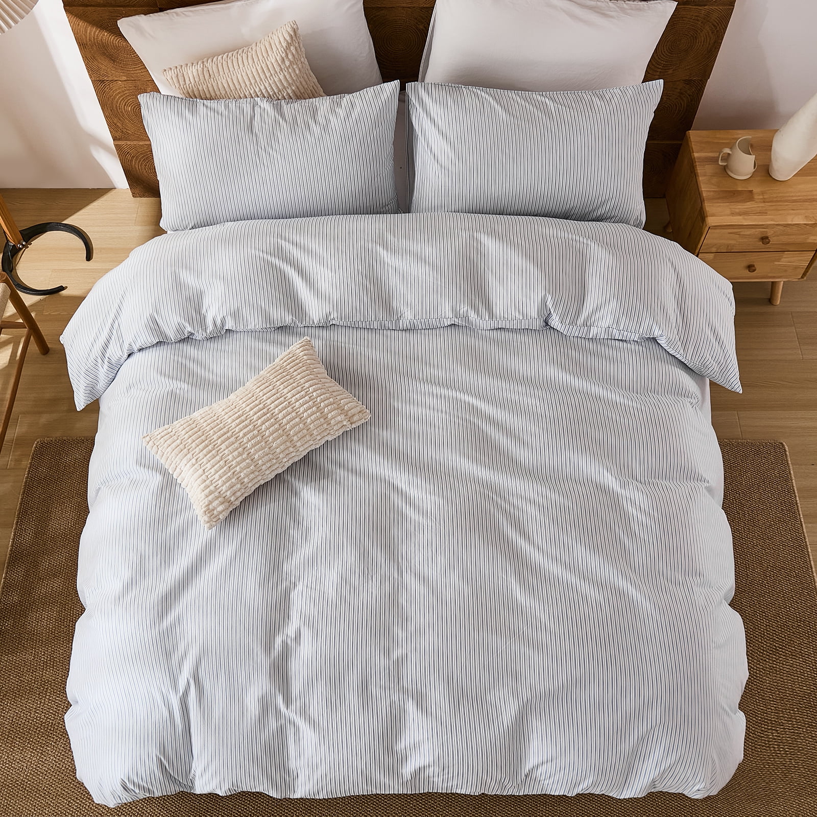 Brown Striped Duvet Cover Set Queen Size, 100% Natural Cotton Linen Like Duvet Cover Set with Zipper Closure & 8 Corner Ties, Brown Khaki Soft Reversible Bedding for All Seasons