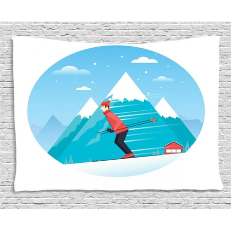 Winter Tapestry, Man Skiing down the Snowy Hill Hobby Mountains Sports Colorado Cliffs Graphic, Wall Hanging for Bedroom Living Room Dorm Decor, 60W X 40L Inches, Blue Dark Coral, by